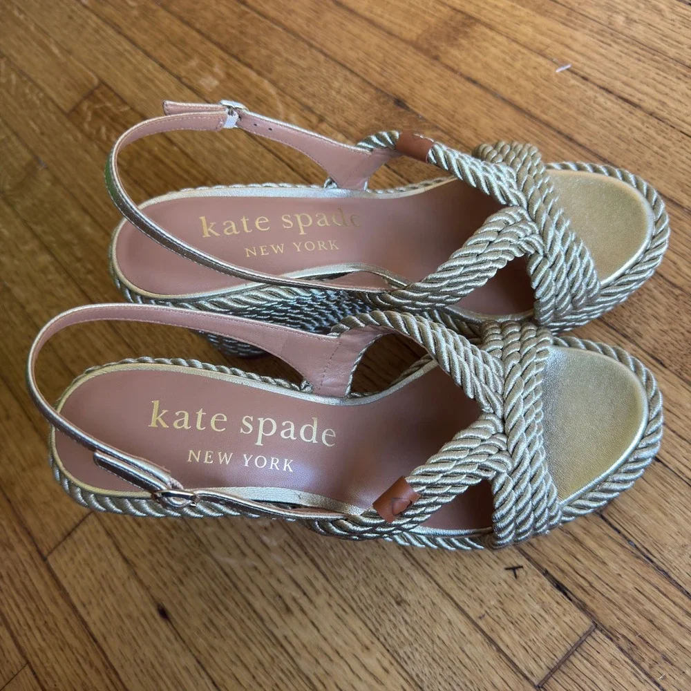 Kate Spade New York Metallic Gold Rope Platform Wedge Slingback Sandals 9.5
